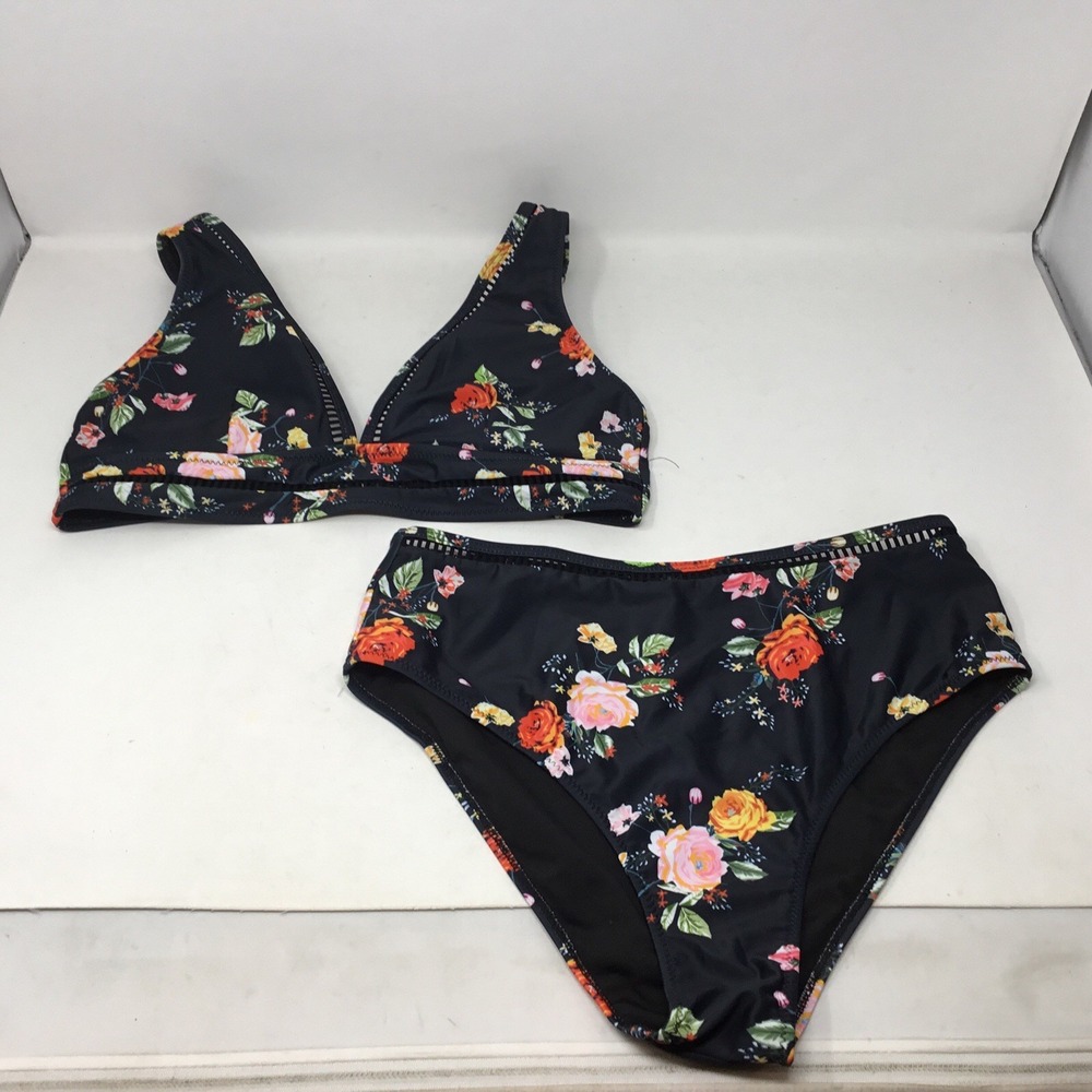 Black Floral High Waisted Two Piece Bikini Women's Size Medium